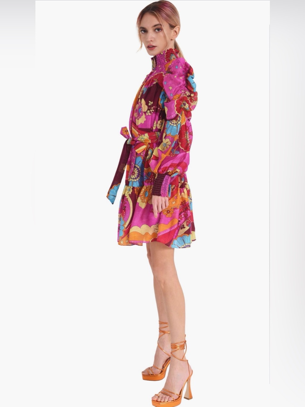 Fuchsia Floral Patchwork Long-Sleeve Tiered Dress - Picture 3 of 12